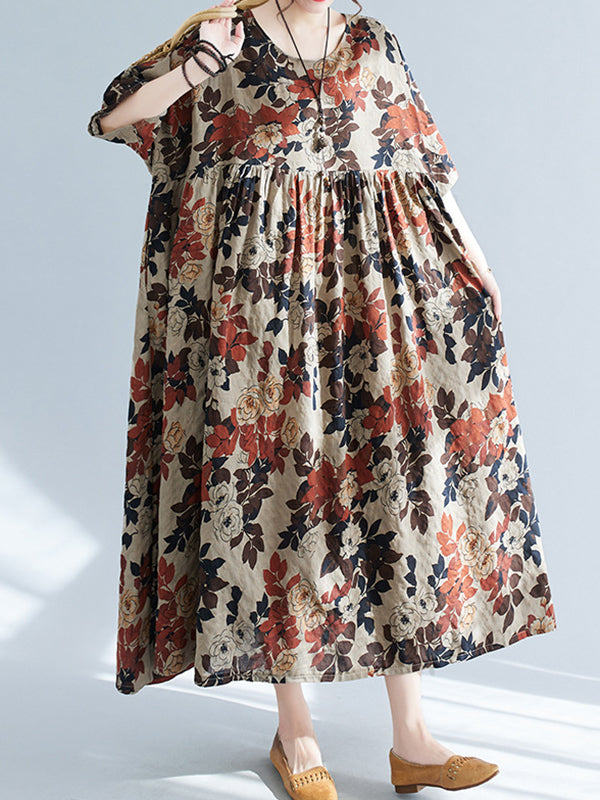 Floral Printed Loose Puff Sleeves Round-Neck Midi Dresses