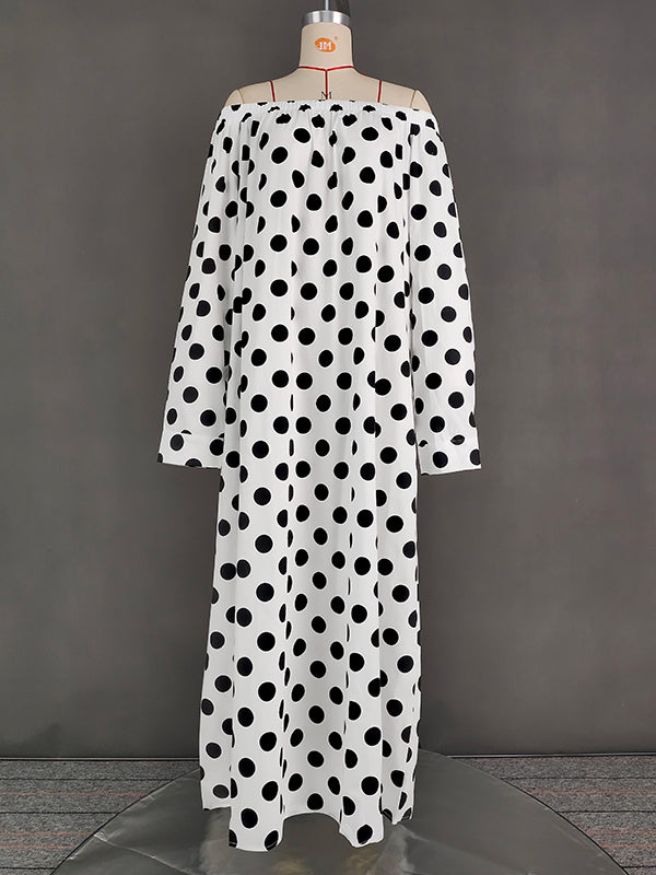 Elasticity Polka-Dot Split-Joint A-line Long Sleeves Off-the-shoulder Maxi Dresses