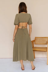 Puff Sleeve Cutout Solid Color Dress