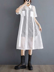 Hollow Solid Color Split-Joint Zipper Half Sleeves Loose Lapel Shirt Dress Midi Dresses