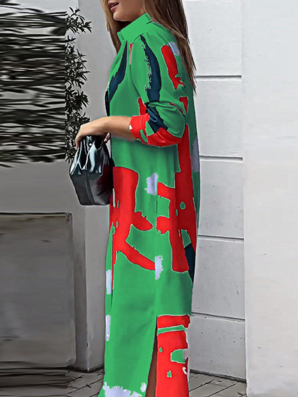 Buttoned Contrast Color Pockets Printed Split-Side Loose Wrap Shirt Dress