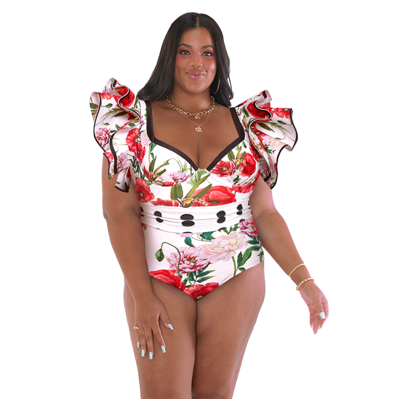 Plus Size Ruffle Rose Print Swimsuit and Skirt Flaxmaker