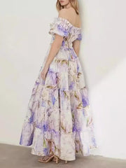 Flower Printed Short Sleeves One Shoulder Bohemia Maxi Dresses