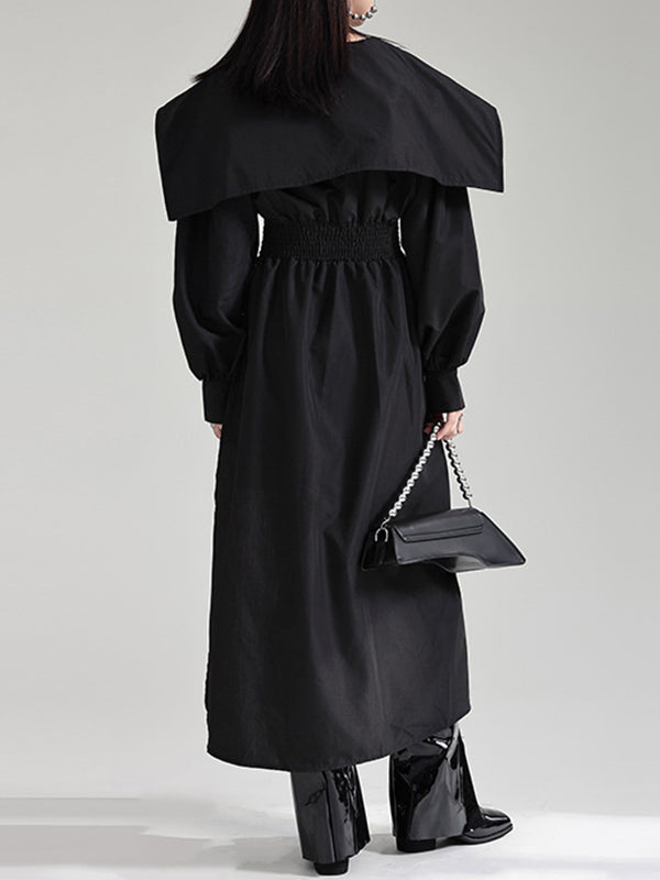 Asymmetric Belted Pleated Solid Color High Waisted Long Sleeves Lapel Midi Dresses
