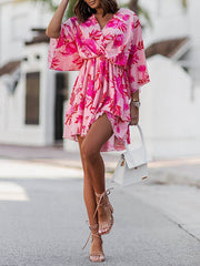 Double Layered Elasticity Flower Print A-Line High Waisted V-Neck Mini Dresses