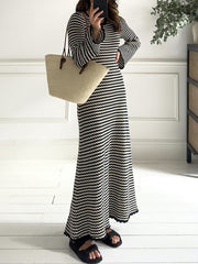 Contrast Color Striped Tied High Waisted Long Sleeves Round-Neck Sweater Dresses Midi Dresses