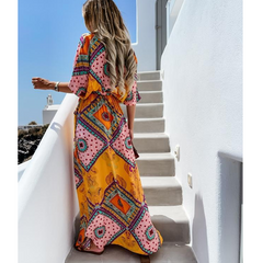 V Neck Ethnic Style Vintage Printed Waist Dress