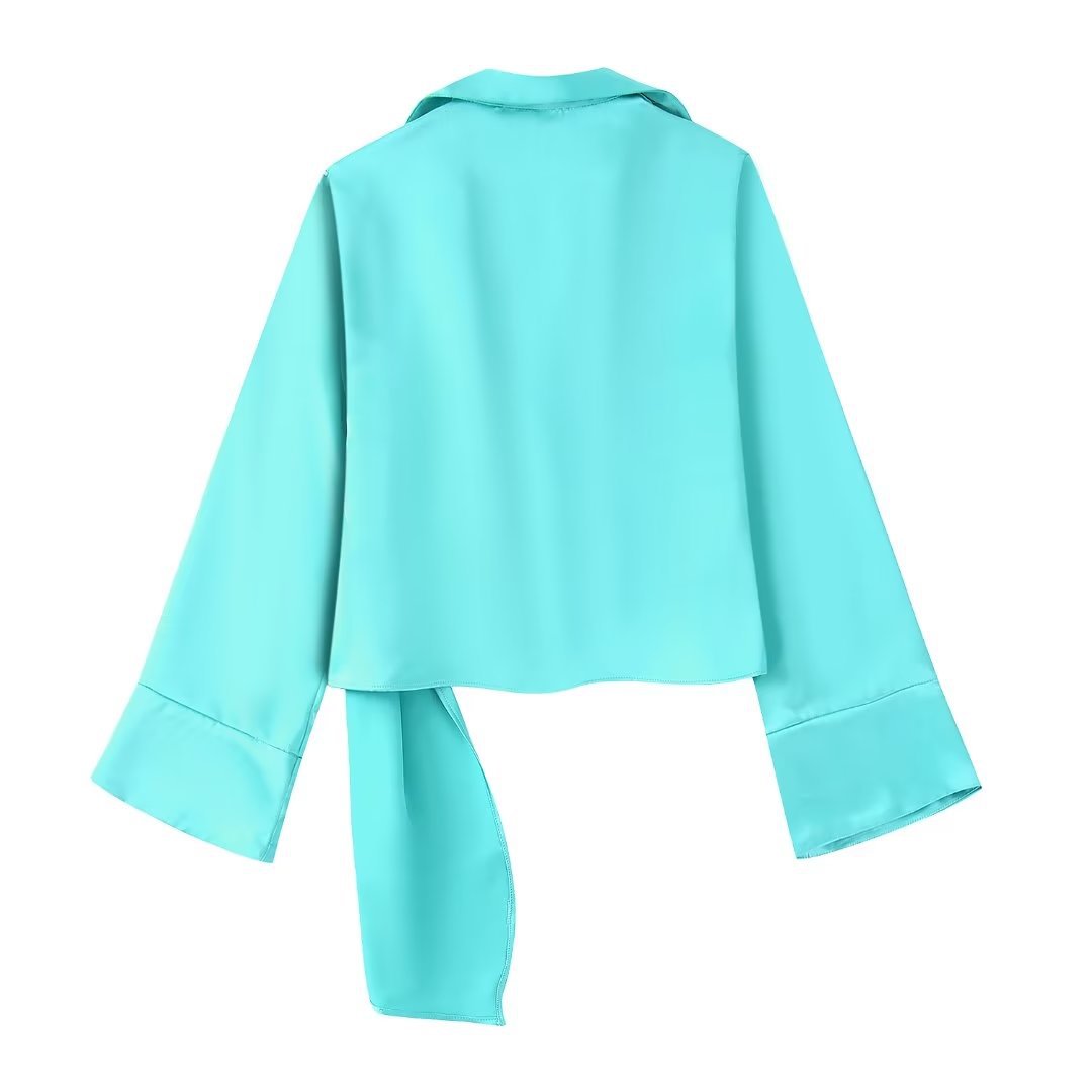 Flaxmaker V Neck Blue Solid Color Bouffant Two Piece Set