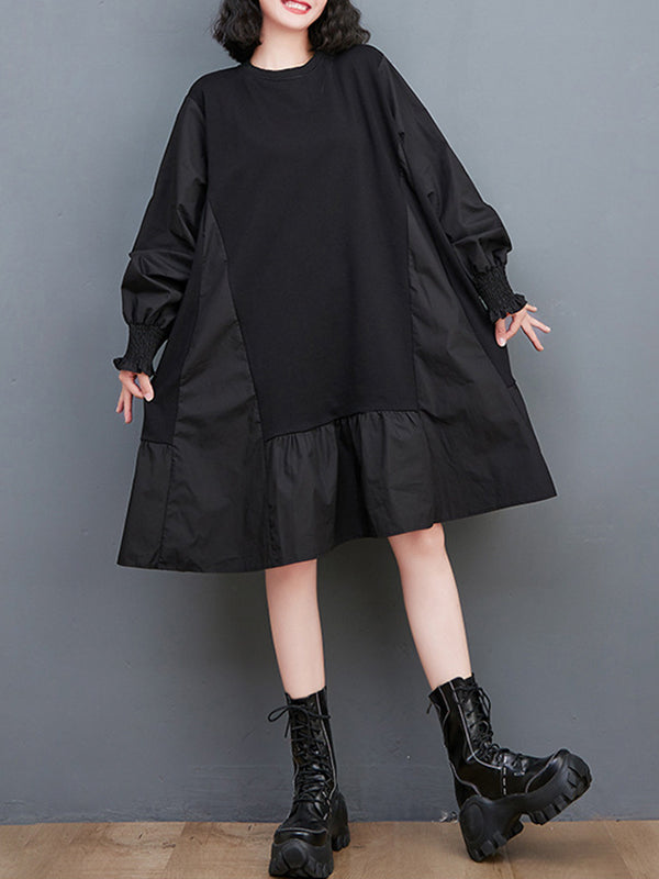 Pleated Solid Color Split-Joint Loose Puff Sleeves Round-neck Midi Dresses