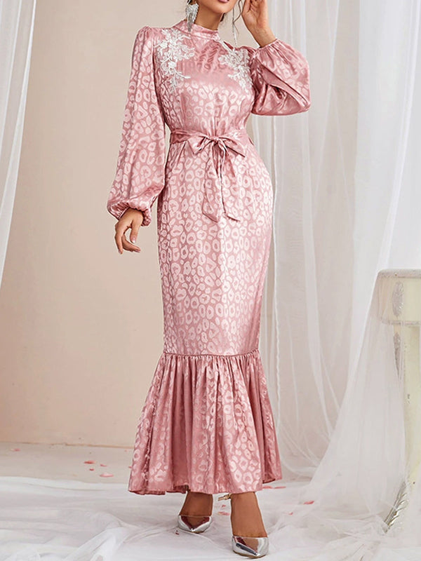 Elasticity Leopard Split-Joint Tied Waist A-Line Bishop Sleeve Mock Neck Maxi Dresses
