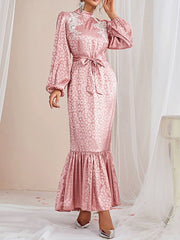 Elasticity Leopard Split-Joint Tied Waist A-Line Bishop Sleeve Mock Neck Maxi Dresses