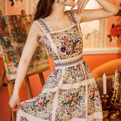 Flaxmaker Retro Printed  Backless Sling Dress