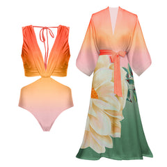 Flaxmaker Color Block Gradient Cutout One Piece Swimsuit and Cover Up