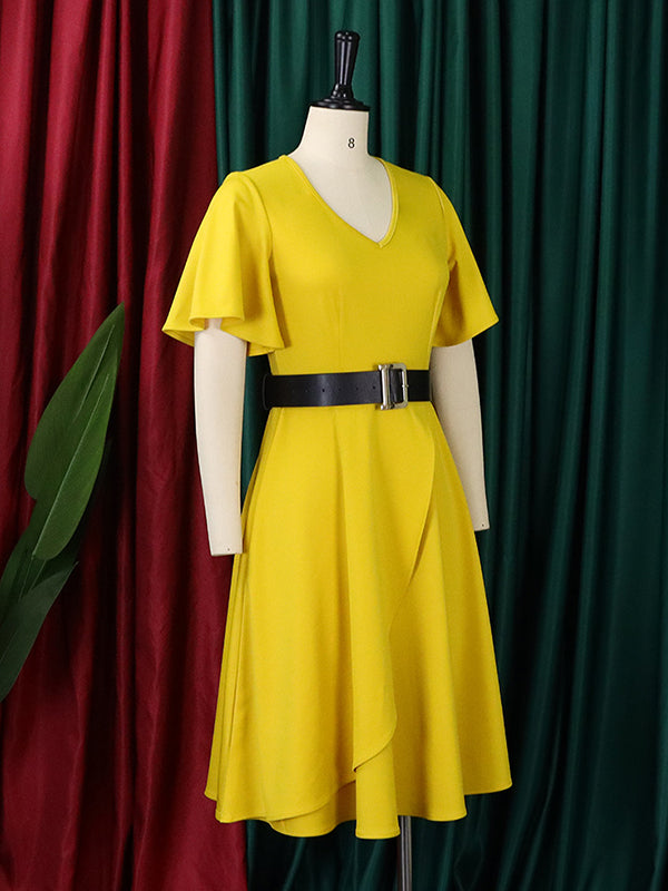 Belted Solid Color Irregular clipping Plus Size Round-neck Midi Dresses