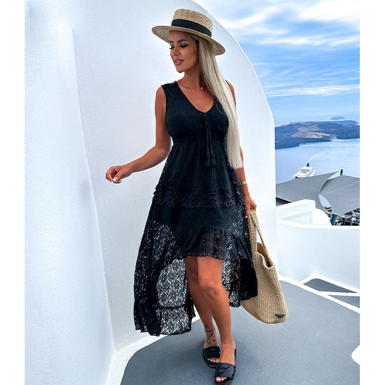 Lace Sleeveless V Neck Midi Dress