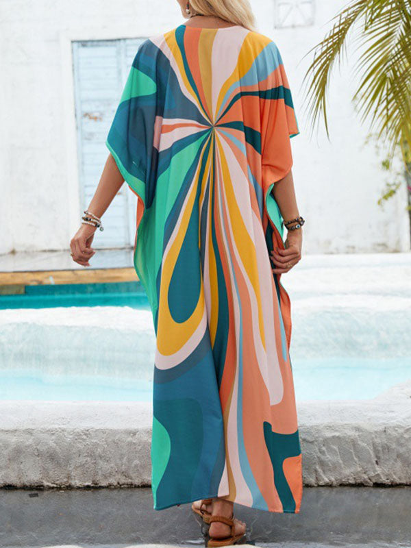 Printed Split-Joint Split-Side Batwing Sleeves Loose V-Neck Maxi Dresses