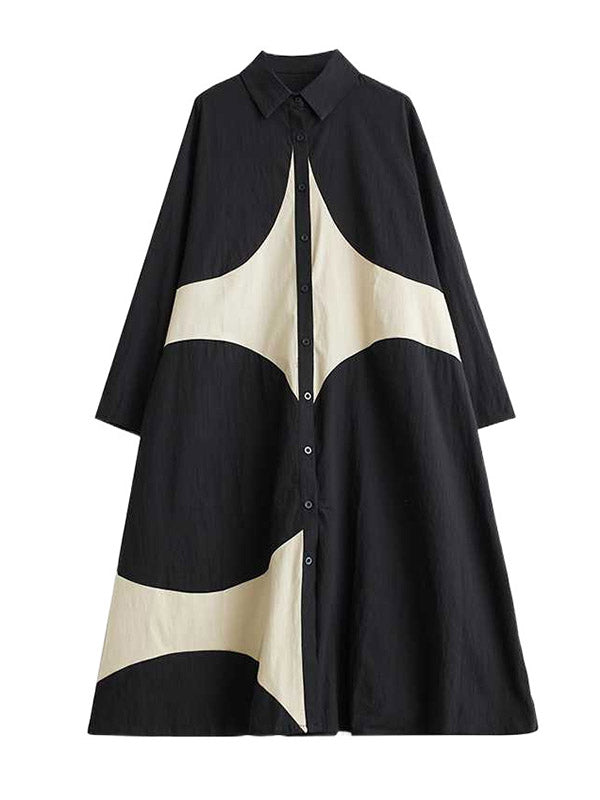 Buttoned Pockets Printed A-Line Long Sleeves Lapel Shirt Dress Midi Dresses