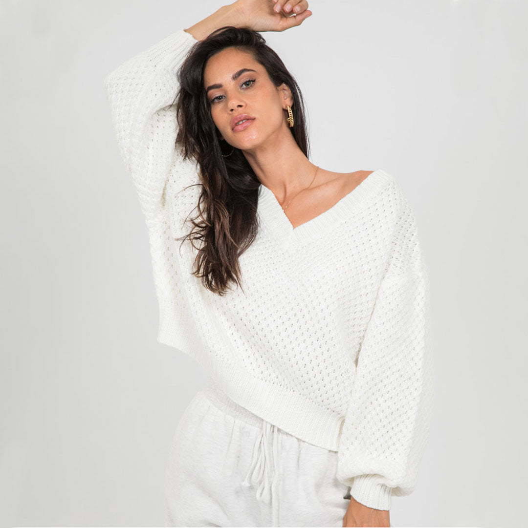 Flattering V Neck Drop Shoulder Bishop Sleeve Sweater - White