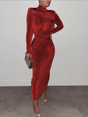 Long Sleeve Ruched Shoulder Pads Maxi Dress