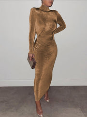 Long Sleeve Ruched Shoulder Pads Maxi Dress