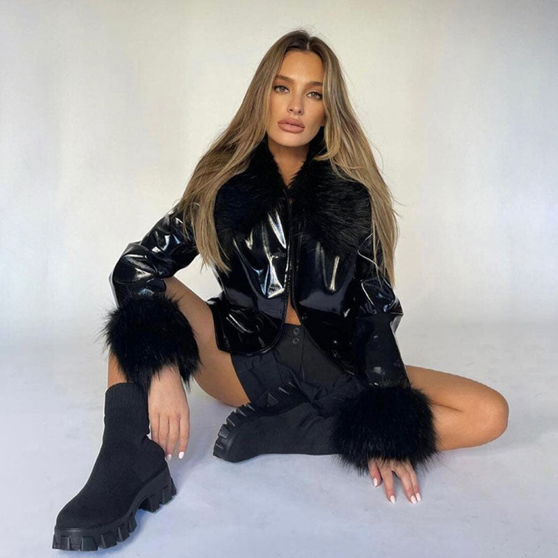 Long Sleeve Button Down Feather Jacket - Black