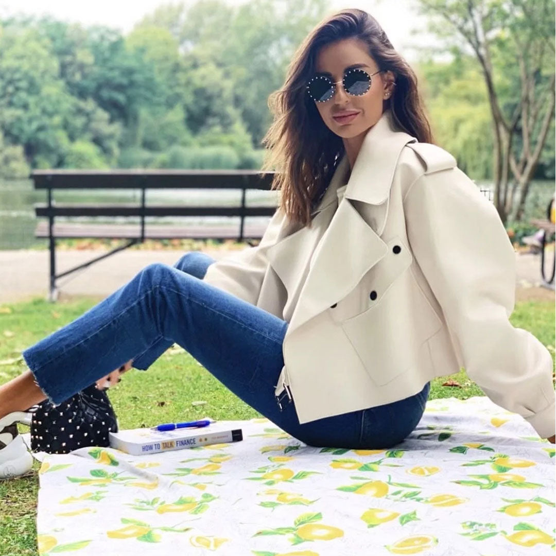 Long Sleeve Collared Cropped Trench Coat - White