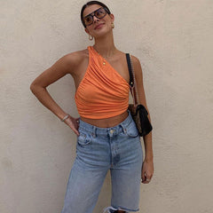 One Shoulder Cropped Tank Top - Orange