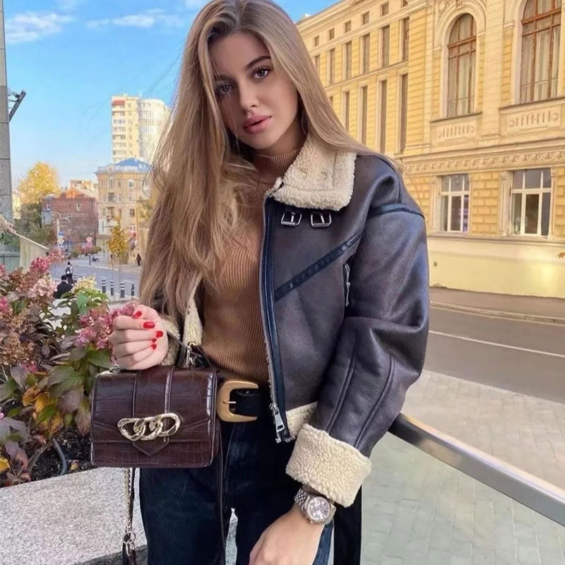 Fleeced Buckle Trim Cropped Coat - Brown