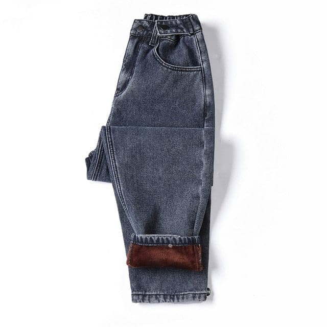 Winter Thick Fleece Warm Loose Denim Pants