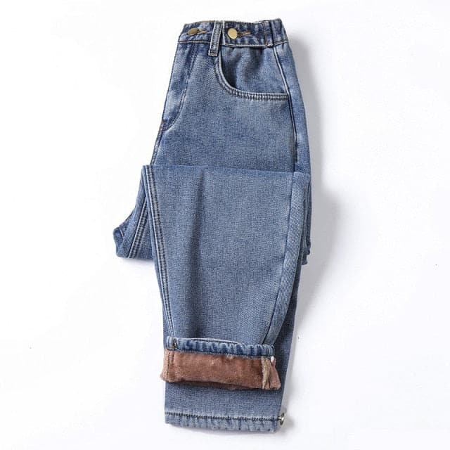 Winter Thick Fleece Warm Loose Denim Pants