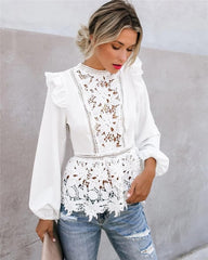 Boho Long Sleeve Floral Lace White Tops Blouses Hollow Back Summer Beach Elegant Shirt harajuku femme Clothes Party Tops