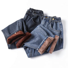 Winter Thick Fleece Warm Loose Denim Pants