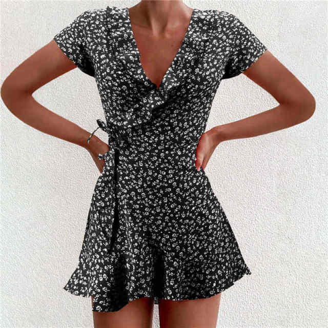 Dress Boho Floral Ruffle Short Mini Dress