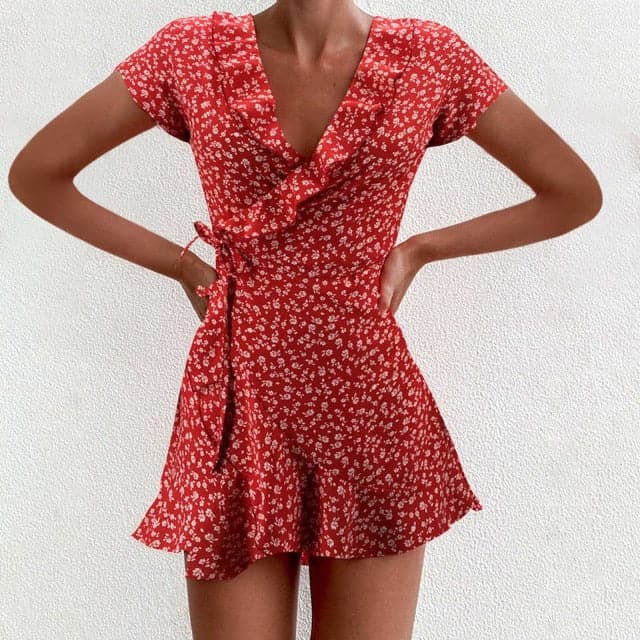 Dress Boho Floral Ruffle Short Mini Dress