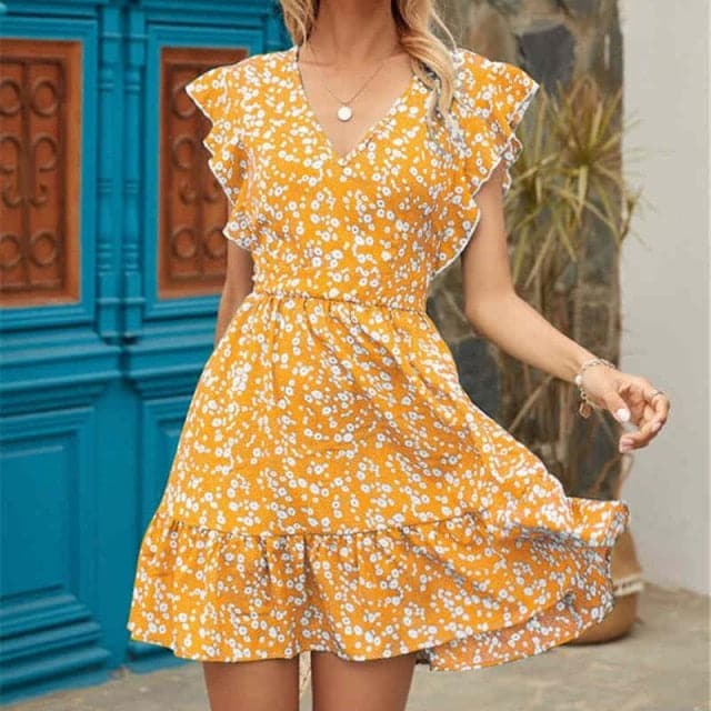 Dress Boho Floral Ruffle Short Mini Dress