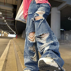 Women's High Waist Loose Straight Ripped Jeans