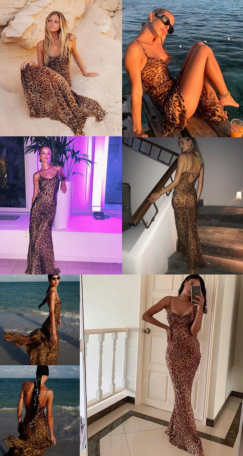 Mesh See Through Leopard Print Maxi Dress