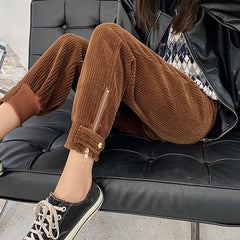 Winter Corduroy Pants Thick Warm Plus Size Fashion Zipper Elastic High Waist Pencil Pant Causal Loose Baggy Trousers