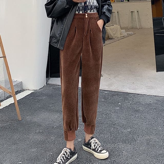 Winter Corduroy Pants Thick Warm Plus Size Fashion Zipper Elastic High Waist Pencil Pant Causal Loose Baggy Trousers