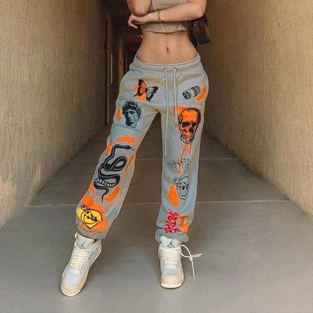 Woman Sweatpants Trousers Harajuku Jogger Cartoon Skull Print Streetwear Urban Sweat Vintage Pants