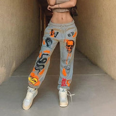 Woman Sweatpants Trousers Harajuku Jogger Cartoon Skull Print Streetwear Urban Sweat Vintage Pants