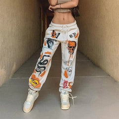 Woman Sweatpants Trousers Harajuku Jogger Cartoon Skull Print Streetwear Urban Sweat Vintage Pants