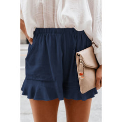 High Waist Elastic Pockets Ruffles Shorts