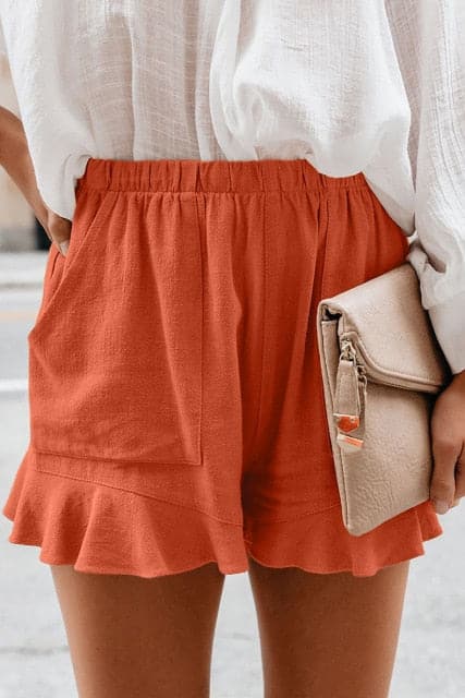 High Waist Elastic Pockets Ruffles Shorts