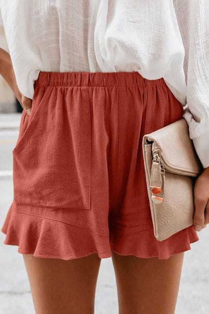 High Waist Elastic Pockets Ruffles Shorts