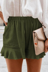 High Waist Elastic Pockets Ruffles Shorts