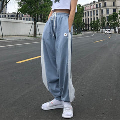 White Blue Contrast Loose Jogging Pants High Waist Drawstring Trousers Casual Pants Female Korean Streetwear Pants