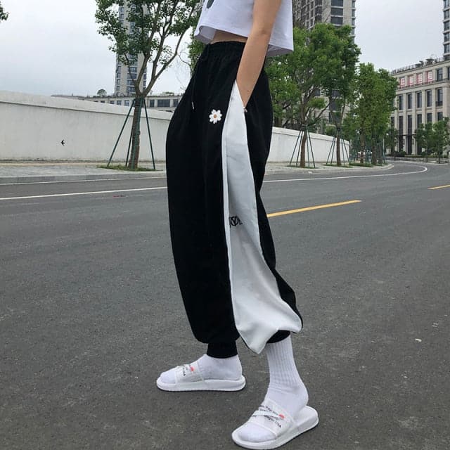 White Blue Contrast Loose Jogging Pants High Waist Drawstring Trousers Casual Pants Female Korean Streetwear Pants