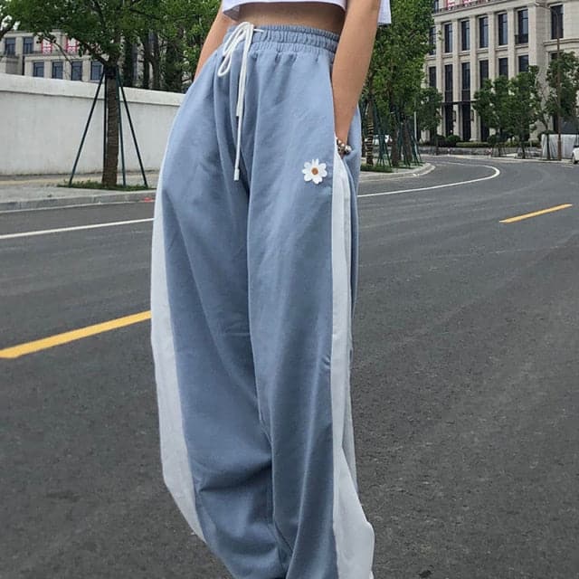 White Blue Contrast Loose Jogging Pants High Waist Drawstring Trousers Casual Pants Female Korean Streetwear Pants