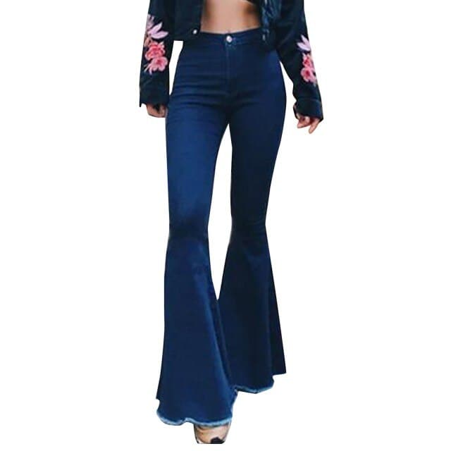 Casual Fashion High Waist Slim And Skinny Big Flare Denim Pants Fashion Street Solid Color Denim Trousers